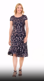 Midi Length Sequin Fit and Flare Dress with Illusion Neckline, Cap Sleeves and Flounce Hem Detail
