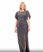 Long Flutter Sleeve Metallic Knit Dress with Ruched Waist Detail & Front Slit