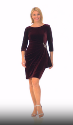 Velvet Cocktail Dress with Side Ruching, Embellishment Detail at Hip and 3/4 Sleeves