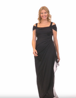 Petite Cold Shoulder Mesh Gown with Cowl Neckline & Overlay Skirt