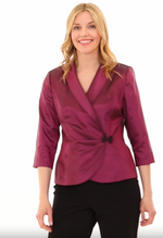 3/4 Sleeve Taffeta Blouse with Collar and Decorative Side Closure