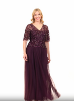 Long Hand Beaded Mock Dress with V-Neckline & Illusion Flutter Sleeves