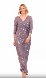 *Plus Long Column Sequin Gown with Surplice Neckline, 3/4 Sleeves and Knot Waist Detail