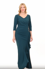 *Long V-Neck Crepe Dress with Cascade Detail Skirt