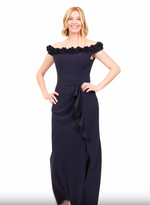 *Off-the-Shoulder Crepe Gown with 3D Floral Neckline