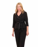 3/4 Sleeve Stretch Crepe Blouse with Satin Collar and Tie Waist Detail