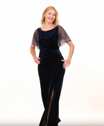 Long Velvet Fit and Flare Gown with Heat Set Illusion Flutter Sleeves and Front Slit