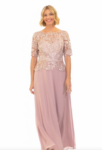 Long Embroidered A-Line Dress With Scallop Detail and Elbow Sleeves