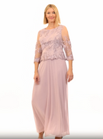 A-Line Embroidered Tulle & Chiffon Dress with Scallop Detail