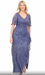 Long V-Neck Stretch Sequin Lace with Cold Shoulder Sleeves and Cascade Detail Skirt