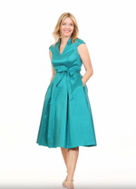 Short V-Neck Stretch Taffeta Dress with A-Line Skirt and Tie Waist Detail