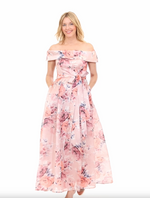 Long Printed Shimmer Organza Off the Shoulder Dress with Tie Belt