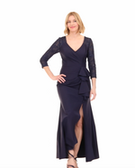 *Long V-Neck Compression Dress With Embroidered Illusion Sleeves and Front Cascade Detail