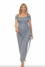 Cold Shoulder Glitter Mesh Dress with Draped Skirt & Cowl Neckline