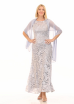 Petite Embroidered Tulle Lace Fit & Flare Gown with Illusion Neckline and Shawl