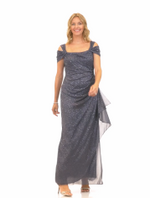 Petite Cold Shoulder Glitter Mesh Dress with Draped Skirt & Cowl Neckline