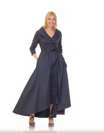 Portrait Collar Stretch Taffeta Dress with High Low Hem and Tie Belt