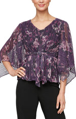 Printed V - Neck Blouse with Tie Waist and Flutter Sleeves - alexevenings.com