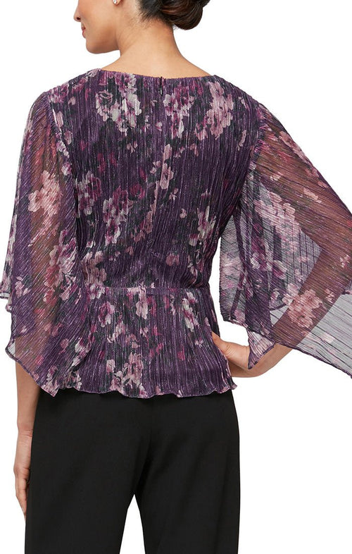 Printed V - Neck Blouse with Tie Waist and Flutter Sleeves - alexevenings.com