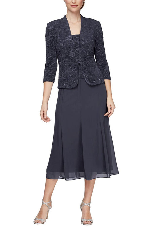 Regular - Glitter Jacquard Knit Jacket Dress with Tea-Length Mesh Skirt - alexevenings.com