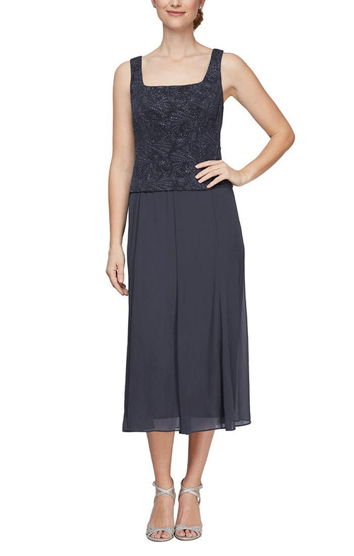 Regular - Glitter Jacquard Knit Jacket Dress with Tea-Length Mesh Skirt - alexevenings.com