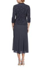 Regular - Glitter Jacquard Knit Jacket Dress with Tea-Length Mesh Skirt - alexevenings.com