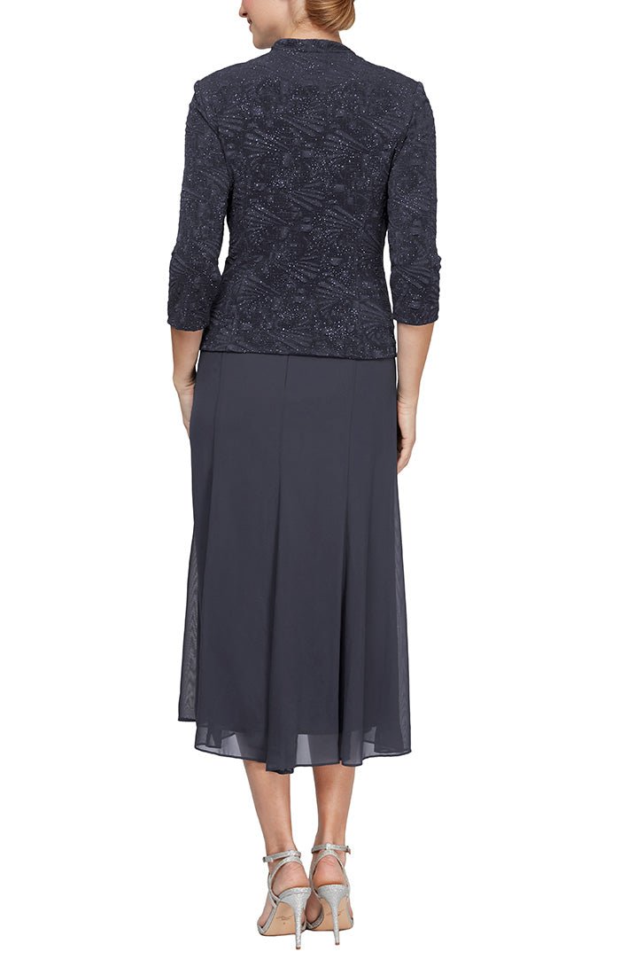 Regular Glitter Jacquard Knit Jacket Dress with Tea Length Mesh Skirt