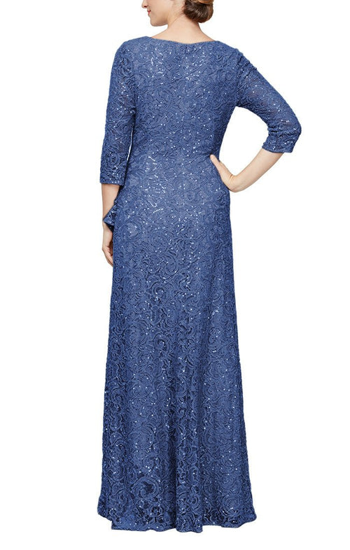 Regular - Sequin Lace Gown with 3/4 Sleeves & Cascade Detail Front Slit - alexevenings.com