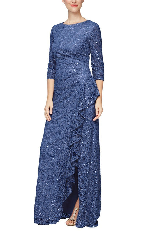 Regular - Sequin Lace Gown with 3/4 Sleeves & Cascade Detail Front Slit - alexevenings.com