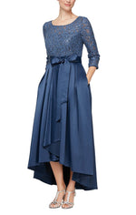 Regular - Sequin Lace Party Dress with Satin Skirt & Ribbon Belt - alexevenings.com