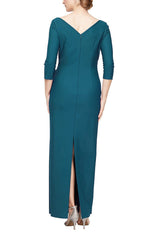 Regular - Sheath Compression Dress with Surplice Neckline & Cascade Ruffle Skirt - alexevenings.com