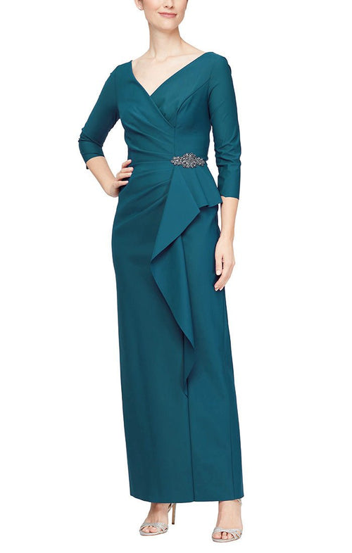 Regular - Sheath Compression Dress with Surplice Neckline & Cascade Ruffle Skirt - alexevenings.com