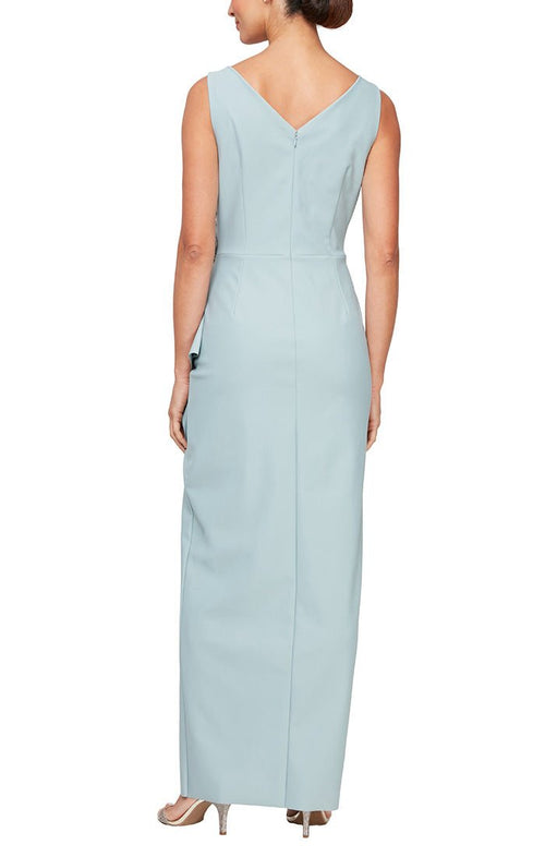 Regular - Sleeveless Compression Sheath Gown with Surplice Neckline & Beaded Detail at Hip - alexevenings.com