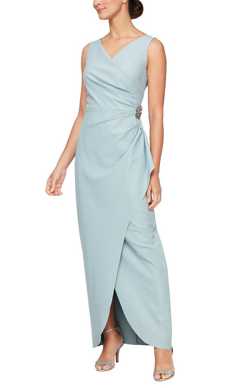 Regular - Sleeveless Compression Sheath Gown with Surplice Neckline & Beaded Detail at Hip - alexevenings.com