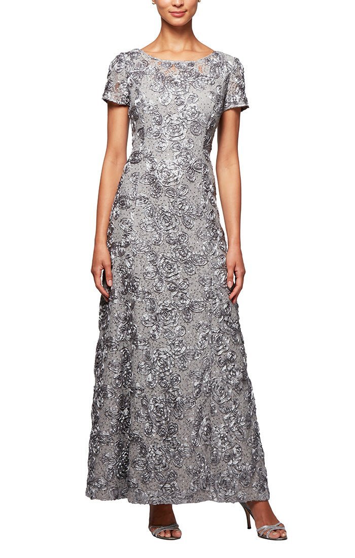 Rosette A - Line Gown with Sequin Detail & Short Illusion Sleeves - alexevenings.com