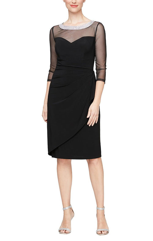 Sheath Velvet Dress with Embellished Sweetheart Illusion Neckline & Cascade Detail Skirt - alexevenings.com