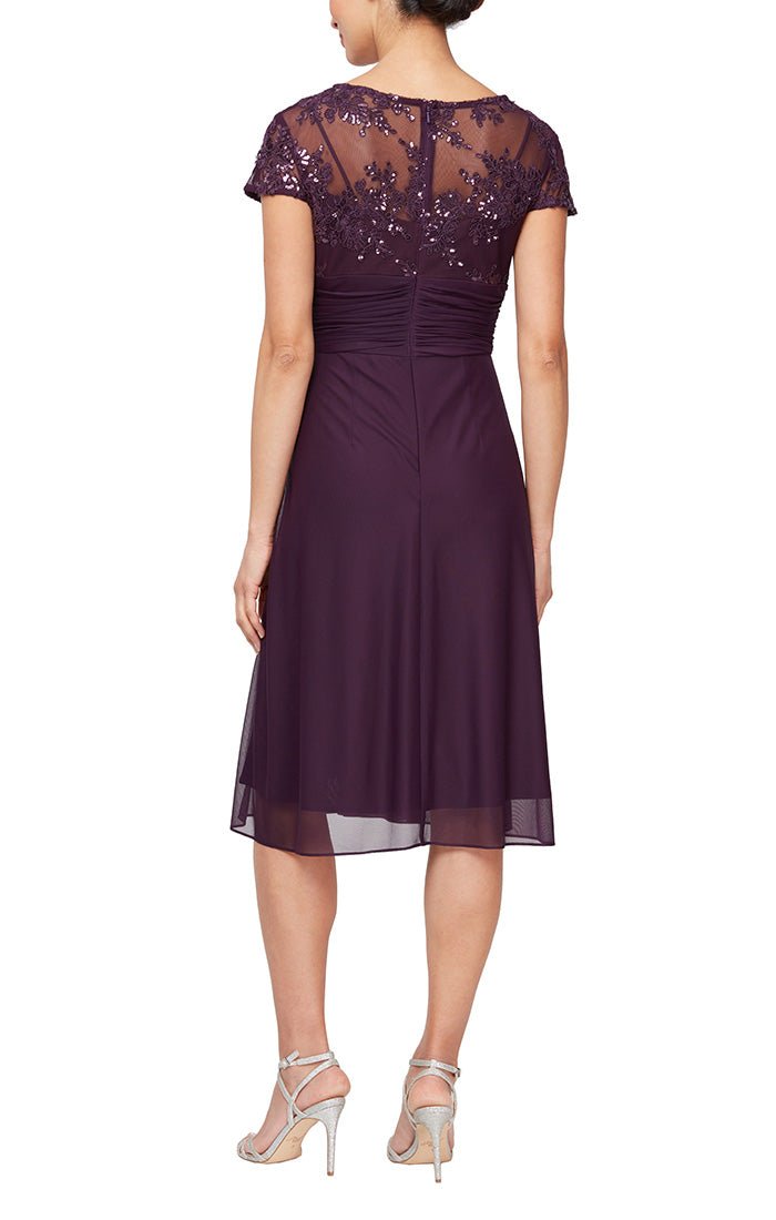 Short Cap Sleeve Empire Waist Dress with Scallop Detail & Ruched Waist - alexevenings.com