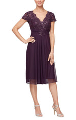 Short Cap Sleeve Empire Waist Dress with Scallop Detail & Ruched Waist - alexevenings.com