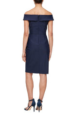 Short Off-the-Shoulder Compression Sheath Dress with Cascade Detail Skirt - alexevenings.com