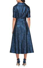 Short Portrait Collar Stretch Jacquard Party Dress with Elbow Sleeves & Tie Waist - alexevenings.com