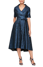 Short Portrait Collar Stretch Jacquard Party Dress with Elbow Sleeves & Tie Waist - alexevenings.com