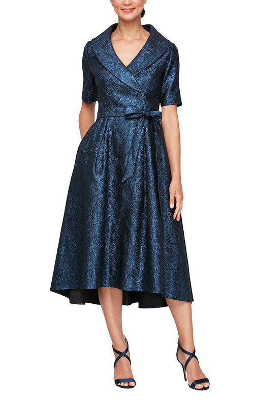 Short Portrait Collar Stretch Jacquard Party Dress with Elbow Sleeves & Tie Waist - alexevenings.com