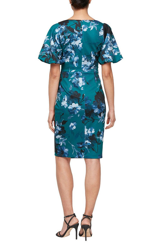 Short Printed Sheath Dress with Square Neckline & Puff Sleeve Detail - alexevenings.com