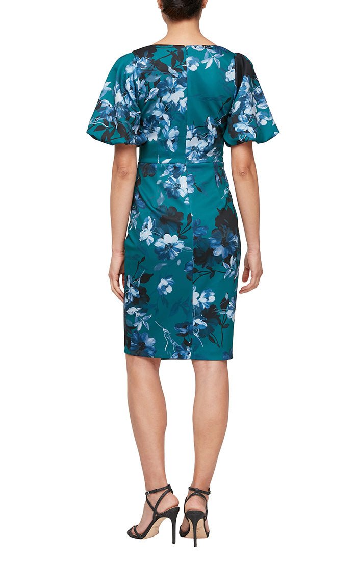 Short Printed Sheath Dress with Square Neckline & Puff Sleeve Detail - alexevenings.com