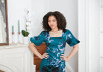 Short Printed Sheath Dress with Square Neckline & Puff Sleeve Detail - alexevenings.com