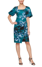 Short Printed Sheath Dress with Square Neckline & Puff Sleeve Detail - alexevenings.com