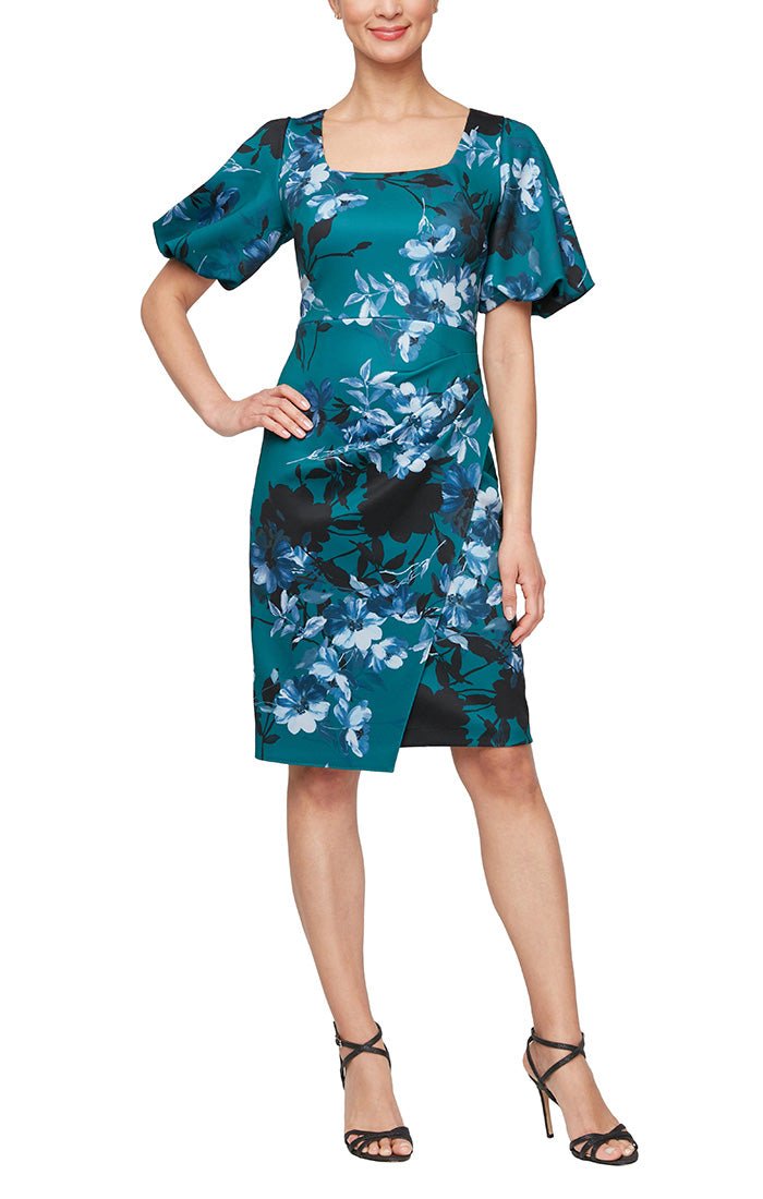 Short Printed Sheath Dress with Square Neckline & Puff Sleeve Detail - alexevenings.com