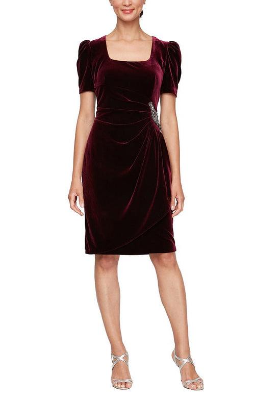 Short Scoop Neck Velvet Sheath Dress with Short Puff Shoulder Sleeves and Beaded Cascade Skirt - alexevenings.com