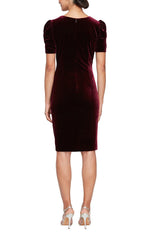 Short Scoop Neck Velvet Sheath Dress with Short Puff Shoulder Sleeves and Beaded Cascade Skirt - alexevenings.com