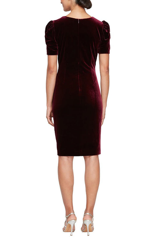 Short Scoop Neck Velvet Sheath Dress with Short Puff Shoulder Sleeves and Beaded Cascade Skirt - alexevenings.com